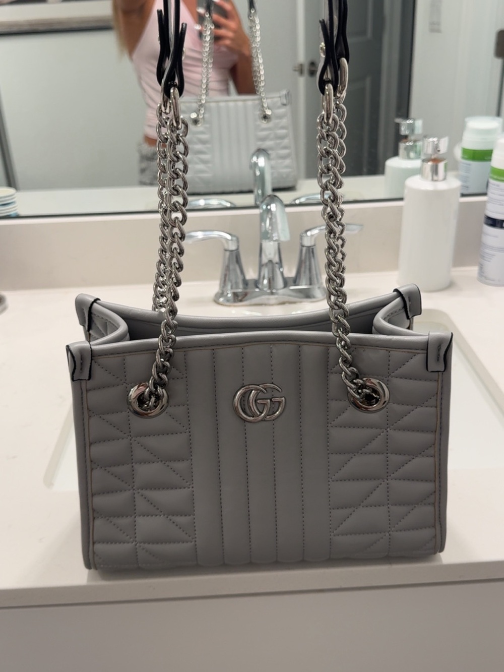 Gucci Gray Quilted Shoulder Bag with Silver Chain Straps